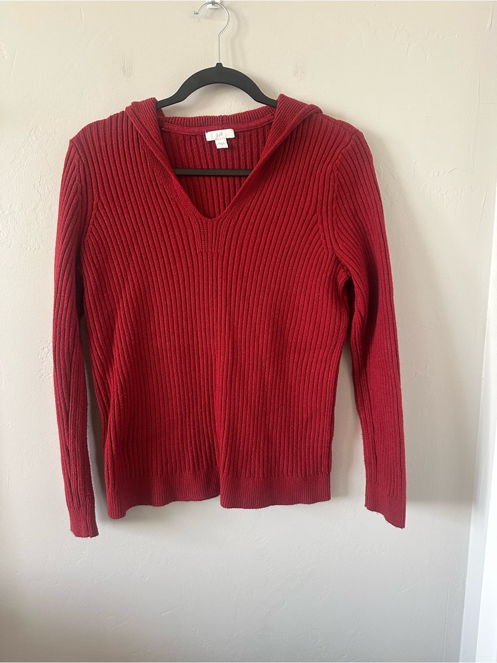 J. Jill Ribbed V-Neck Hooded Sweater in Red